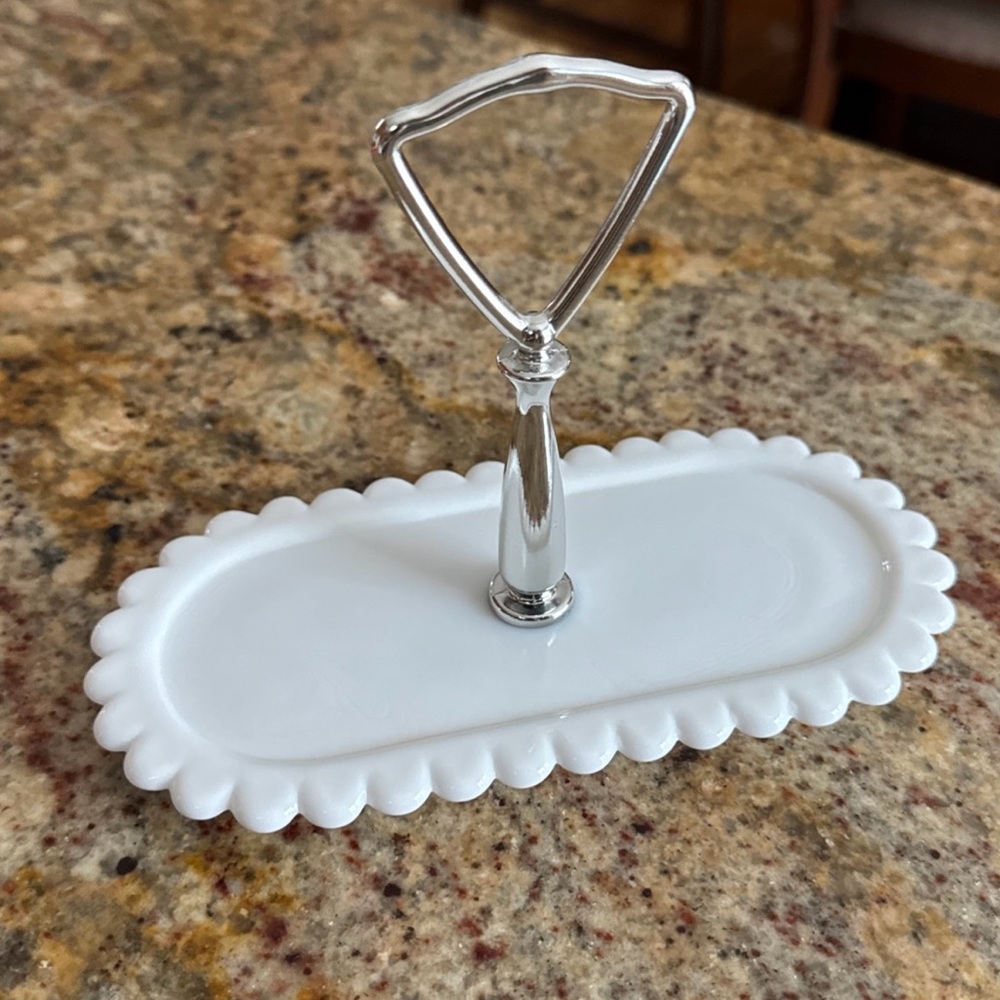 vintage Fenton milk glass condiment or candy tray with a silver-tone handle